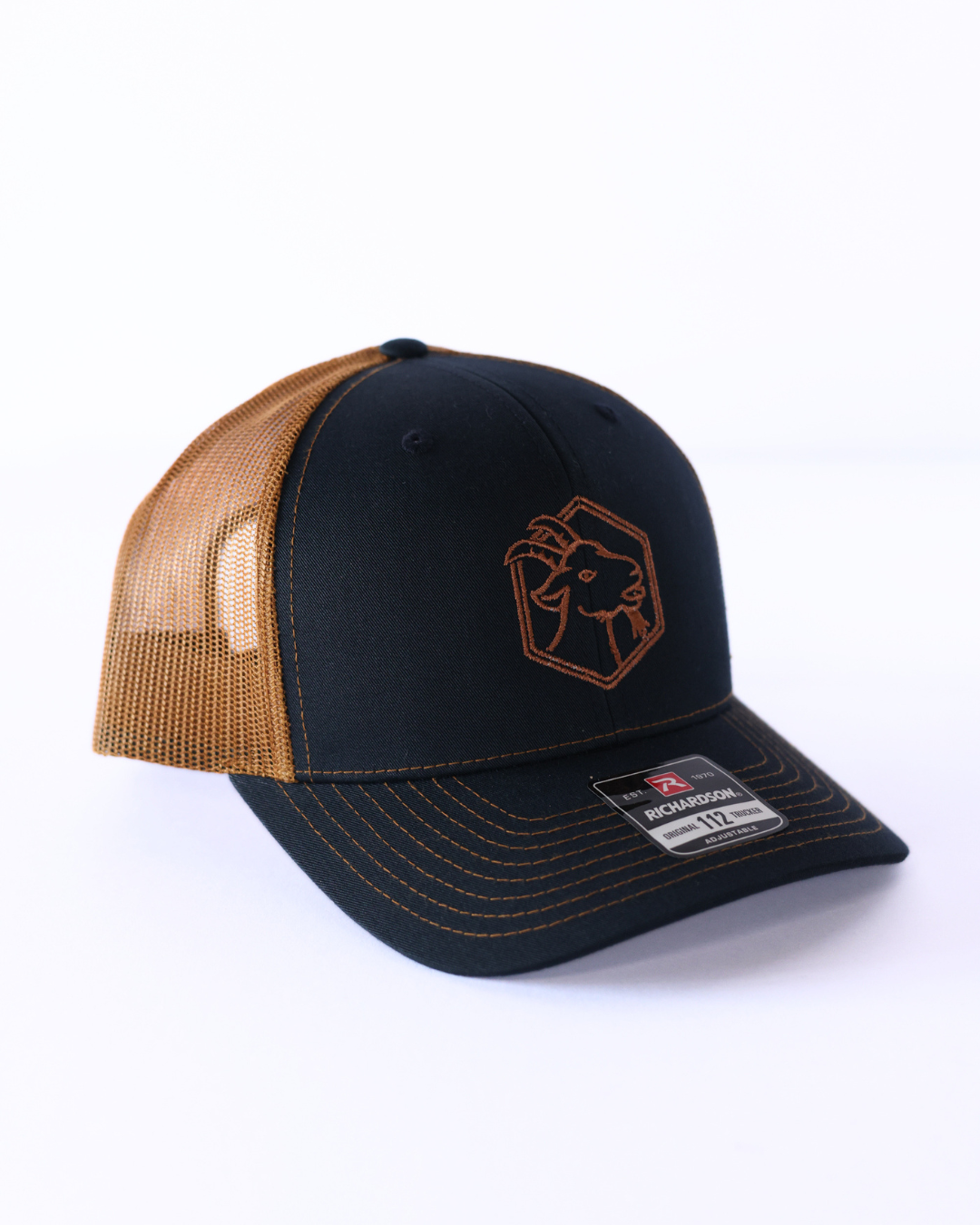 Embroidered Goat Logo Premium Trucker Hat -  Navy & Gold