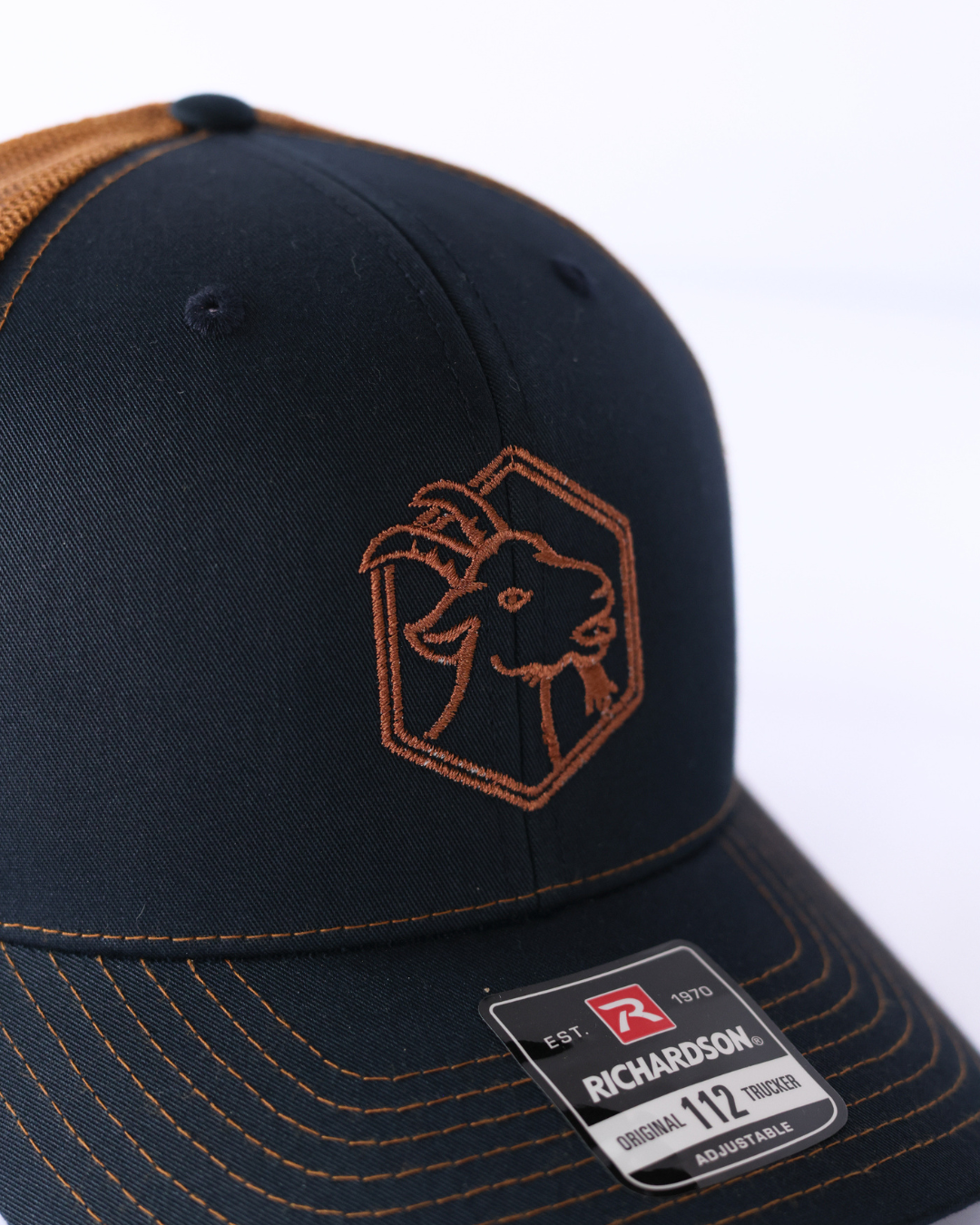Embroidered Goat Logo Premium Trucker Hat -  Navy & Gold